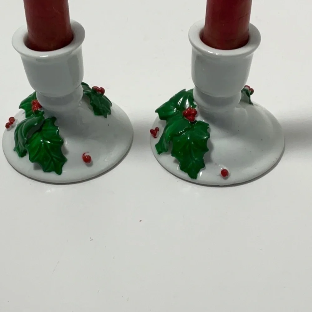 Vintage Christmas Holly & Berries Candleholders Set of 2